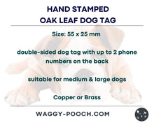 Load image into Gallery viewer, Oak leaf dog tag with owl, fall pet id tag hand-stamped