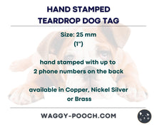 Load image into Gallery viewer, Teardrop Halloween dog id tag with bats and zombie hand, cute small pet tag hand stamped with 2 phone numbers