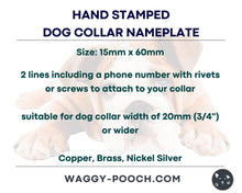 Load image into Gallery viewer, Nameplate for dog collar to rivet on, silent dog id tag for pet collar in brass, copper or nickel silver with phone number