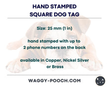 Load image into Gallery viewer, Spooky Halloween dog id tag with cauldron, cute small pet tag hand stamped with 2 phone numbers