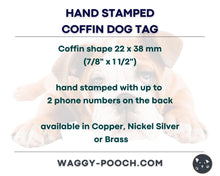 Load image into Gallery viewer, Coffin dog id tag with spooky Halloween design, double-sided pet id tag with 2 phone numbers