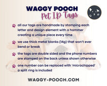 Load image into Gallery viewer, Nameplate for dog collar to rivet on, silent dog id tag for pet collar in brass, copper or nickel silver with phone number