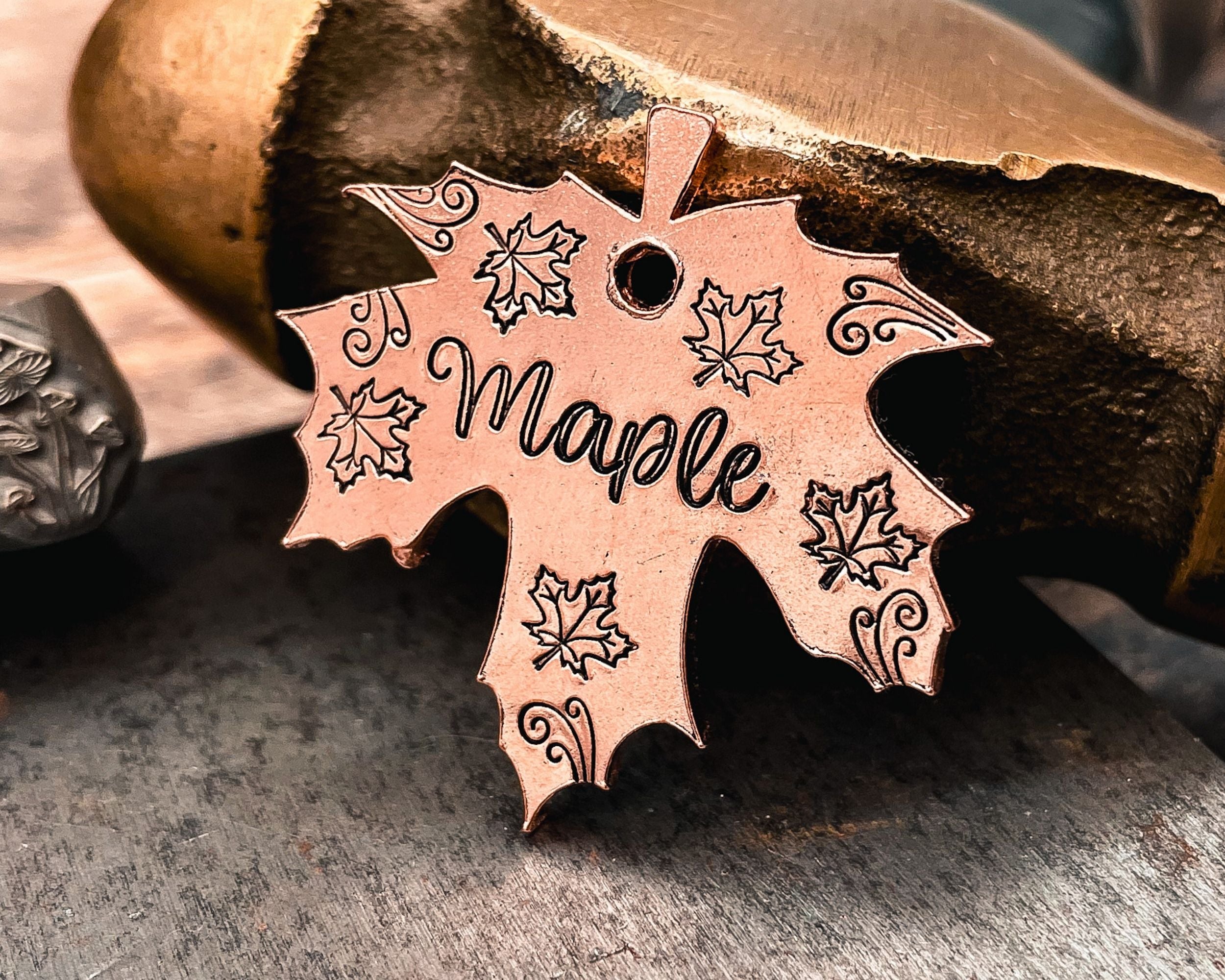 Maple leaf dog tag, fall pet id tag hand-stamped with 2 phone