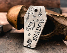 Load image into Gallery viewer, Halloween dog id tag coffin shape with spiders and ghost
