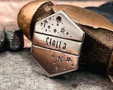 Load image into Gallery viewer, Hexagon dog tag, hand stamped with star design, handmade dog gift idea