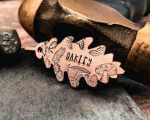 Load image into Gallery viewer, Oak leaf dog tag with owl, fall pet id tag hand-stamped