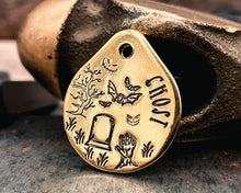 Load image into Gallery viewer, brass dog tag for small dogs with Halloween design