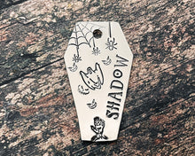 Load image into Gallery viewer, coffin dog tag with spiders and ghost