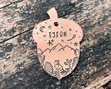 Load image into Gallery viewer, fall dog tag acorn shape with forest and fox design