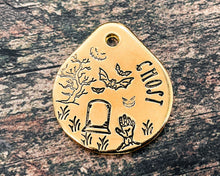 Load image into Gallery viewer, spooky dog tag with bats and zombie hand