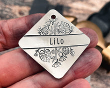 Load image into Gallery viewer, Metal dog tag personalized with up to 2 phone numbers or address, leaf dog tag