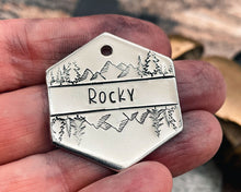Load image into Gallery viewer, custom pet tag with mountains and trees double-sided and handmade