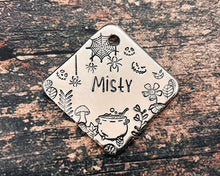 Load image into Gallery viewer, spooky pet id tag with cauldron and spider web