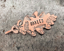 Load image into Gallery viewer, Oak leaf dog tag with owl, fall pet id tag hand-stamped
