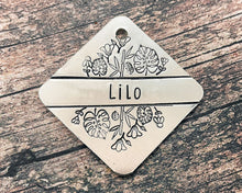 Load image into Gallery viewer, Metal dog tag personalized with up to 2 phone numbers or address, leaf dog tag