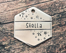 Load image into Gallery viewer, Hexagon dog tag, hand stamped with star design, handmade dog gift idea