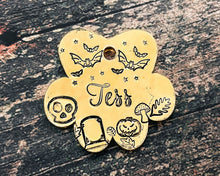 Load image into Gallery viewer, spooky pet tag paw shaped with 2 phone numbers