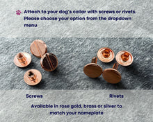 Load image into Gallery viewer, Nameplate for dog collar to rivet on, silent dog id tag for pet collar in brass, copper or nickel silver with phone number