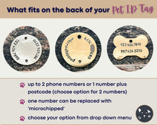 Load image into Gallery viewer, Paw dog tag with minimalist design, personalized pet id tag hand-stamped with 2 phone numbers