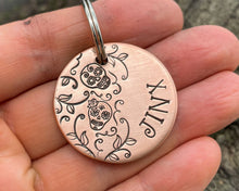 Load image into Gallery viewer, Sugar skull dog tag with leaf design