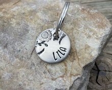 Load image into Gallery viewer, Cat name tag, hand stamped flower design & leaves