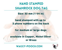 Load image into Gallery viewer, Shamrock pet name tag with sheep, hand-stamped double-sided dog tag with 2 phone numbers