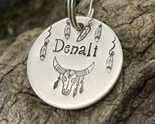 Load image into Gallery viewer, Boho dog tag, hand stamped with longhorn and feathers