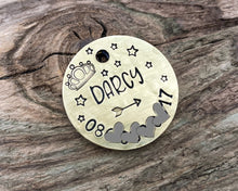 Load image into Gallery viewer, Microchipped dog tag, hand stamped with crown and phone number