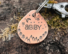 Load image into Gallery viewer, Small dog tag, tear drop pet id tag with mountain and tree design, 2 phone numbers