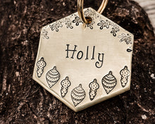 Load image into Gallery viewer, Christmas hexagon dog tag, hand stamped with holly and Christmas baubles