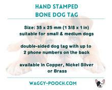 Load image into Gallery viewer, Bone dog id tag with moon and stars, handstamped pet id tag with up to 2 phone numbers or microchipped