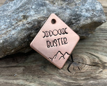 Load image into Gallery viewer, Small dog id tag, square pet tag hand stamped with moon phase design and mountains