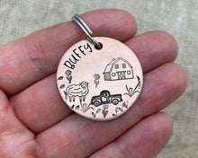Load image into Gallery viewer, Dog id tag, hand stamped with sheep, pickup truck and barn shed