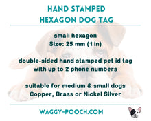Load image into Gallery viewer, Halloween hexagon dog tag, hand stamped small pet id tag with skull and cobweb design