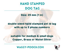 Load image into Gallery viewer, Small dog tag, hand stamped metal dog tag with moon, stars and pawprint