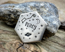 Load image into Gallery viewer, Hexagon dog tag, hand stamped with galaxy design, saturn, moon & stars