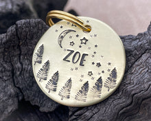 Load image into Gallery viewer, Tree dog tag, hand-stamped with moon and stars