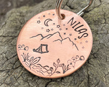 Load image into Gallery viewer, Mountain dog tag, hand-stamped with river, tent and stars