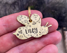 Load image into Gallery viewer, Bee dog id tag, bee shaped pet tag, hand stamped with flowers