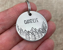 Load image into Gallery viewer, Dog name tag, hand stamped with mountains and trees