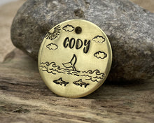 Load image into Gallery viewer, Dog id tag, hand stamped with ocean design, whale & sharks