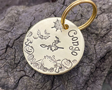 Load image into Gallery viewer, Halloween dog tag with cobwebs and witch