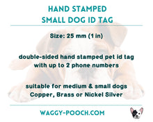 Load image into Gallery viewer, Small cute dog id tag with moon and stars, handstamped pet id tag with up to 2 phone numbers or microchipped
