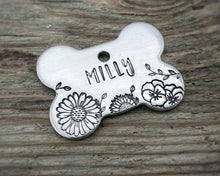 Load image into Gallery viewer, Bone dog id tag, handstamped with flowers
