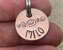 Load image into Gallery viewer, Halloween cat name tag, hand stamped spooky pumpkin and leaves