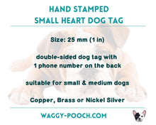 Load image into Gallery viewer, Small heart pet id tag, hand stamped dog tag with flower design