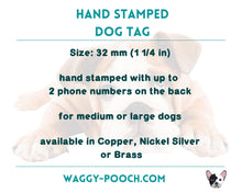 Load image into Gallery viewer, Moon dog tag, hand stamped pet id tag with mushroom and magic moon design
