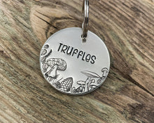 Load image into Gallery viewer, Fall dog tag, hand stamped with mushrooms, leaves and pine cone