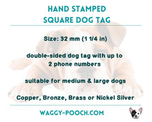Load image into Gallery viewer, Fairy dog tag, hand stamped square dog id tag with magicalflower design, 2 phone numbers and address