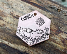 Load image into Gallery viewer, Hexagon dog tag, hand stamped with nautical design, compass & lighthouse